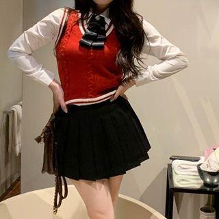 Plain Shirt / Sweater Vest / Mini Pleated Skirt