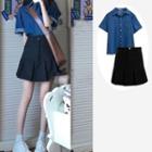 Short-sleeve Denim Shirt / Mini A-line Skirt / Set