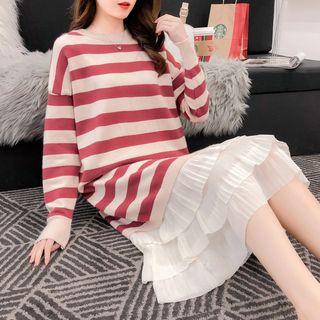 Long-sleeve Chiffon-panel Striped Midi Knit Dress