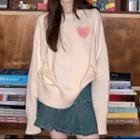 Round Neck Heart Embroidered Sweater Almond & Pink - One Size