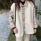 Mock Two-piece Plaid Panel Fleece Jacket / Wide-leg Pants