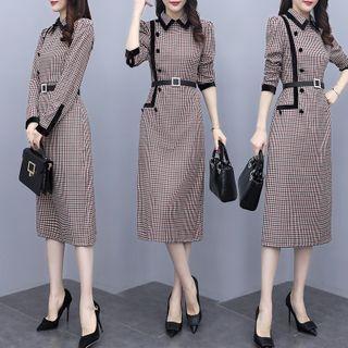 Long-sleeve Collared Plaid Midi Sheath Dress