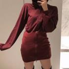 Long-sleeve Hooded Mini Sheath Dress Wine Red - One Size