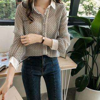 Patterned Collared Long-sleeve Blouse