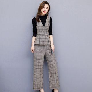 Set: Long-sleeve Top + Plaid Vest + Plaid Wide Leg Pants + Belt