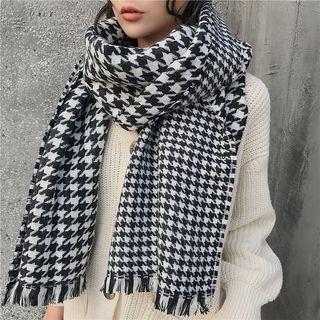 Fringed Houndstooth Scarf Houndstooth - Black & White - One Size