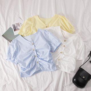 Plain Short-sleeve Shirred V-neck Cropped Blouse