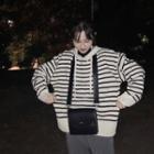 Striped Long-sleeve Hooded Knit Sweater Stripe - One Size