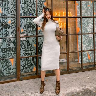 Mock-neck Long Furry Rib-knit Dress