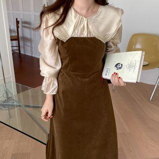 Mock Two-piece Long-sleeve Layered Collar Midi A-line Dress