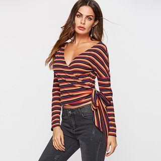 Striped Cropped Wrap Knit Top