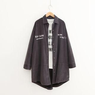 Single-breasted Corduroy Long-sleeved Lettering Loose-fit Collared Straight Long Tweed Coat