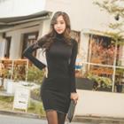 Mock-neck Lettuce-edge Bodycon Dress