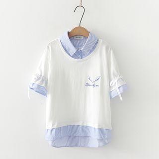 Elk Embroidered Inset Pinstripe Short-sleeve Top