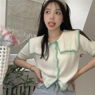 Short-sleeve Collar Contrast Stitching Knit Top Milky White - One Size
