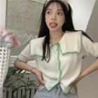Short-sleeve Collar Contrast Stitching Knit Top Milky White - One Size