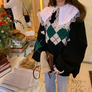 Argyle Cardigan / Lace Collar Blouse