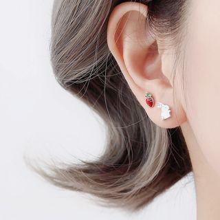 925 Sterling Silver Rabbit & Carrot Earring 1 Pair - White & Red - One Size