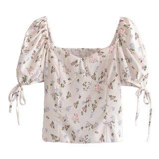 Puff-sleeve Square-neck Floral Cropped Shirt