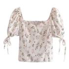 Puff-sleeve Square-neck Floral Cropped Shirt