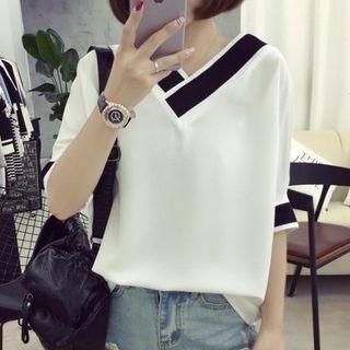 Contrast Trim V-neck Elbow-sleeve T-shirt