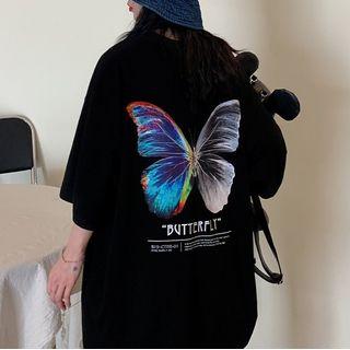 Elbow-sleeve Butterfly-print T-shirt