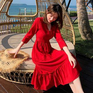 Eyelet Lace 3/4-sleeve Midi A-line Dress
