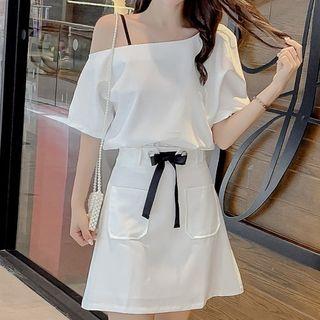 Set: Asymmetric Cutout Shoulder Top + Bow-accent Mini A-line Skirt