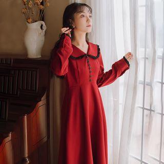 Long-sleeve Midi Bow-accent A-line Dress
