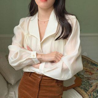 Puff-sleeve V-neck Pintuck Blouse