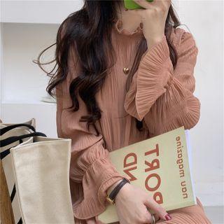 Bell-sleeve Midi A-line Crinkle Dress