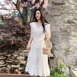 Elbow-sleeve Lace Trim Midi A-line Dress White - One Size