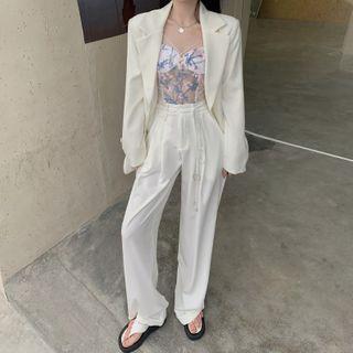 Embroidered Floral Lace Camisole Top / High-waist Plain Wide-leg Pants / Long-sleeve Plain Blazer