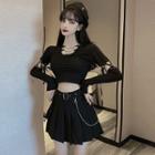 Long-sleeve Chain Accent Cutout Cropped T-shirt / Pleated Mini A-line Skirt