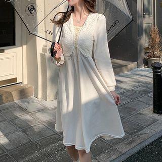 Long-sleeve Mock Two-piece Lace A-line Dress