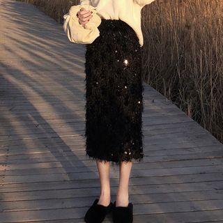 Sequin Fringe Midi Sheath Skirt