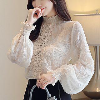 Mock-neck Lace Trim Long-sleeve Top