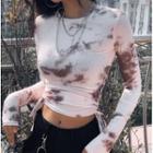 Ruched Side-tie Ribbed Long-sleeve Tie-dye Crop Top