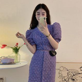 Set: Puff-sleeve Shirred Midi A-line Dress + Belt Bag
