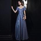 Short-sleeve Holographic A-line Gown