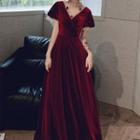 Short-sleeve Rose Applique A-line Evening Gown