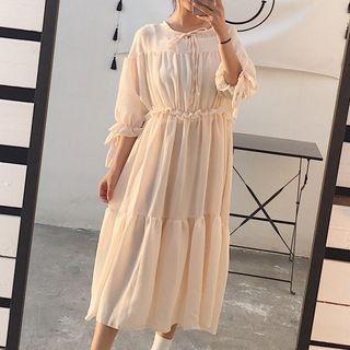 Plain Tiered 3/4 Sleeve Midi Dress