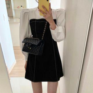 Puff-sleeve Contrast Stitching Mini A-line Dress Black & White - One Size