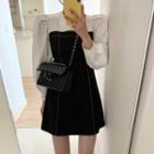 Puff-sleeve Contrast Stitching Mini A-line Dress Black & White - One Size
