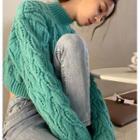 Long-sleeve Plain Cropped Cable Knit Sweater Green - One Size