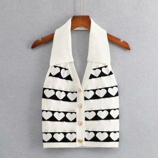 Sleeveless Collared Heart Print Button-up Knit Top