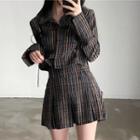 Plaid Shirt / Pleated Mini A-line Skirt