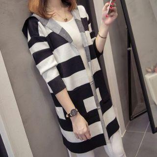 Hooded Striped Open Front Knit Jacket