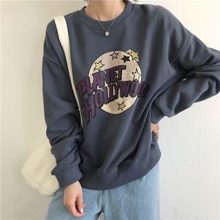 Long Sleeve Print Loose Top Blue - One Size