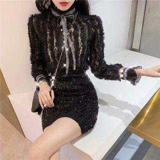 Ribbon-neckline Sheer Chiffon Shirt / Sequined A-line Skirt